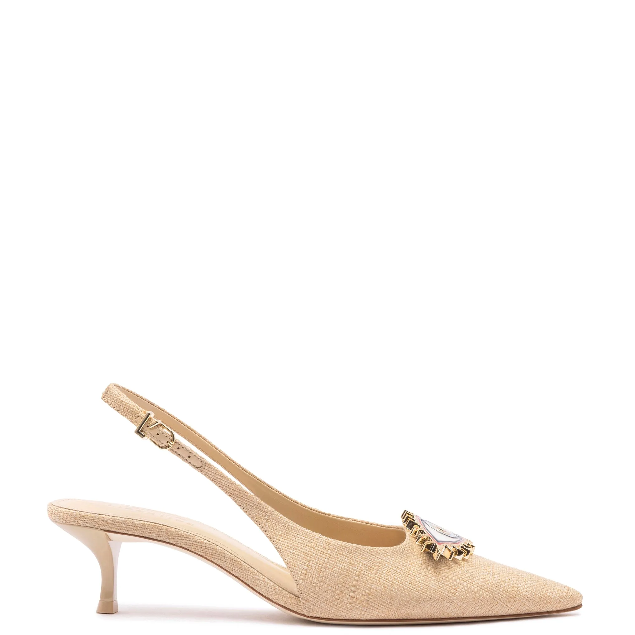 Larroudé x Libertine Eye Pump Lo In Beige Raffia sold by Larroude