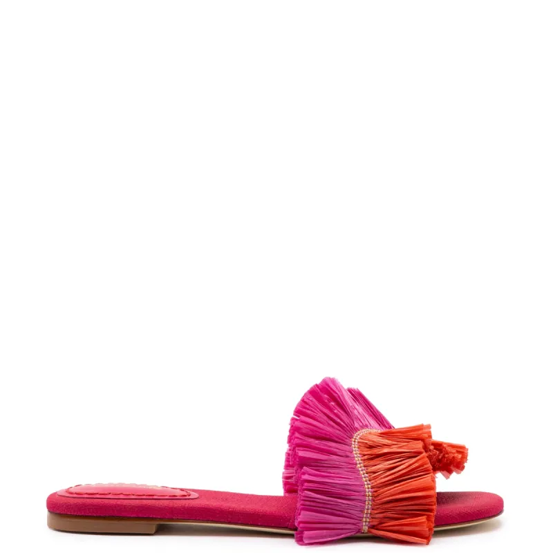 Ivy Fringe Flat In Pink and Orange Raffia sold by Larroude