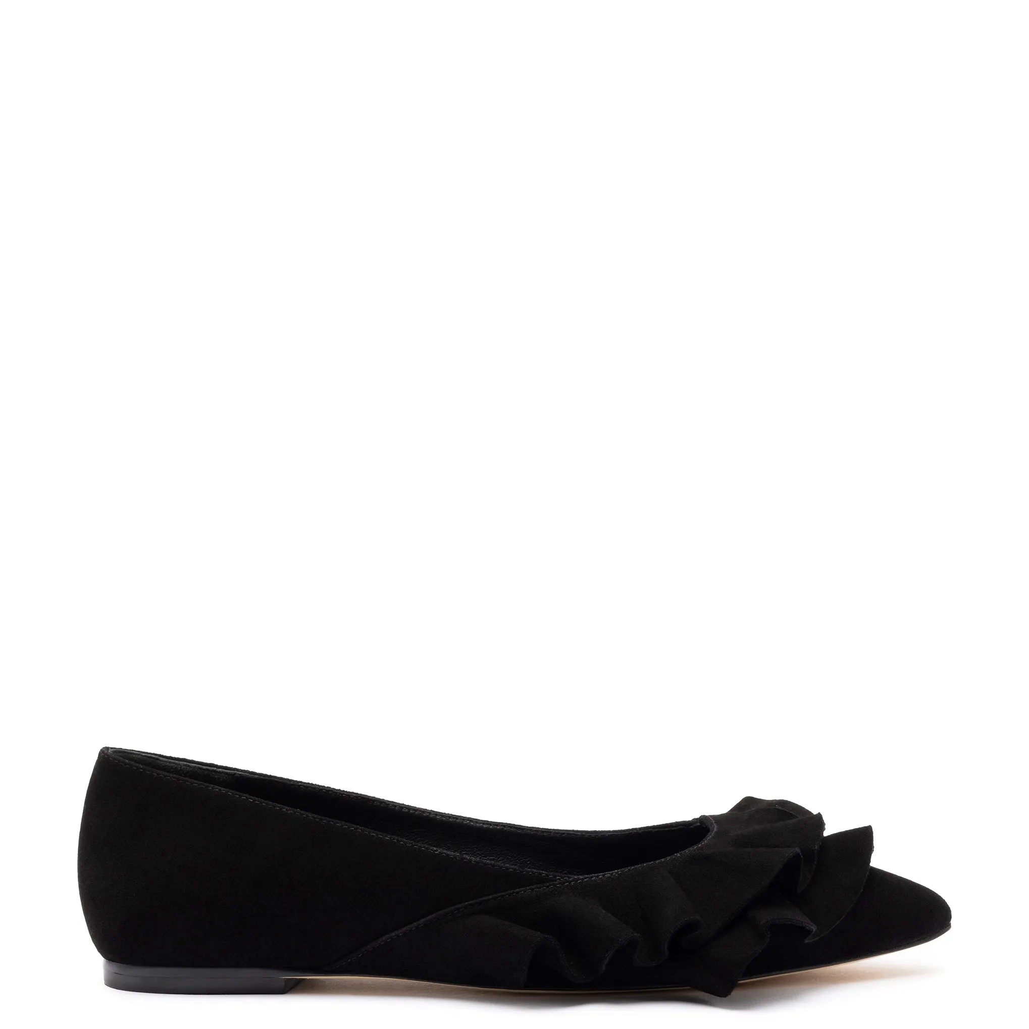 Lee Ruffle Flat In Black Suede sold by Larroude