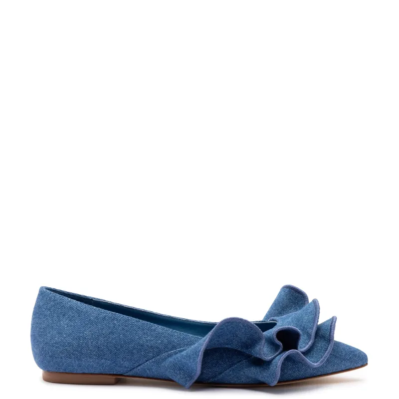 Lee Ruffle Flat In Blue Denim sold by Larroude