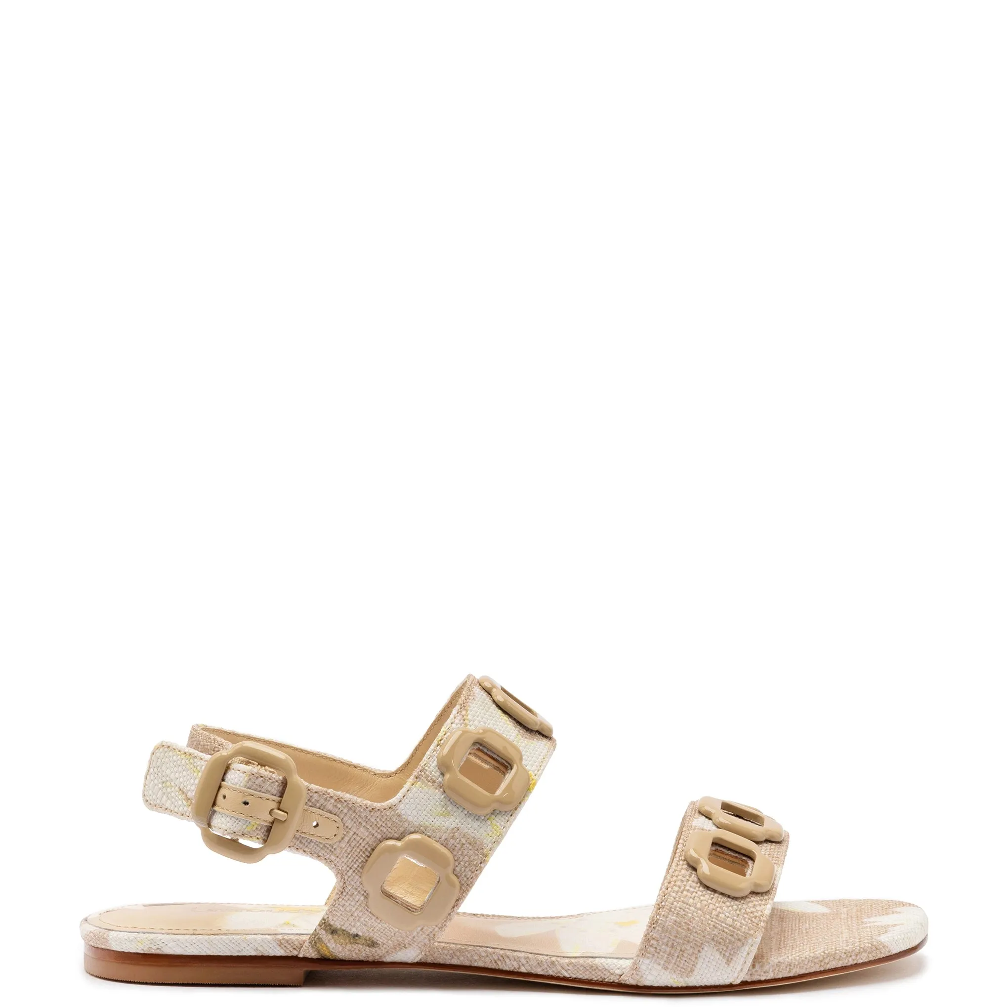 Milan Flat Sandal In Beige Printed Raffia sold by Larroude