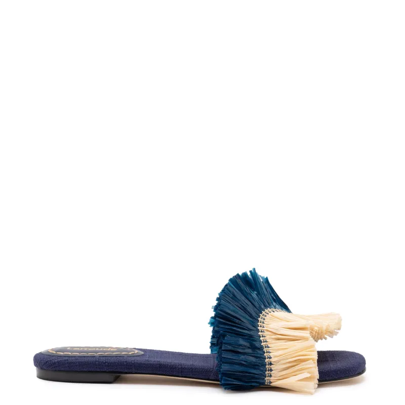 Ivy Fringe Flat In Navy Raffia sold by Larroude