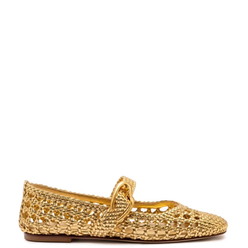 Verona Macrame Ballet Flat In Gold Metallic Leather sold by Larroude