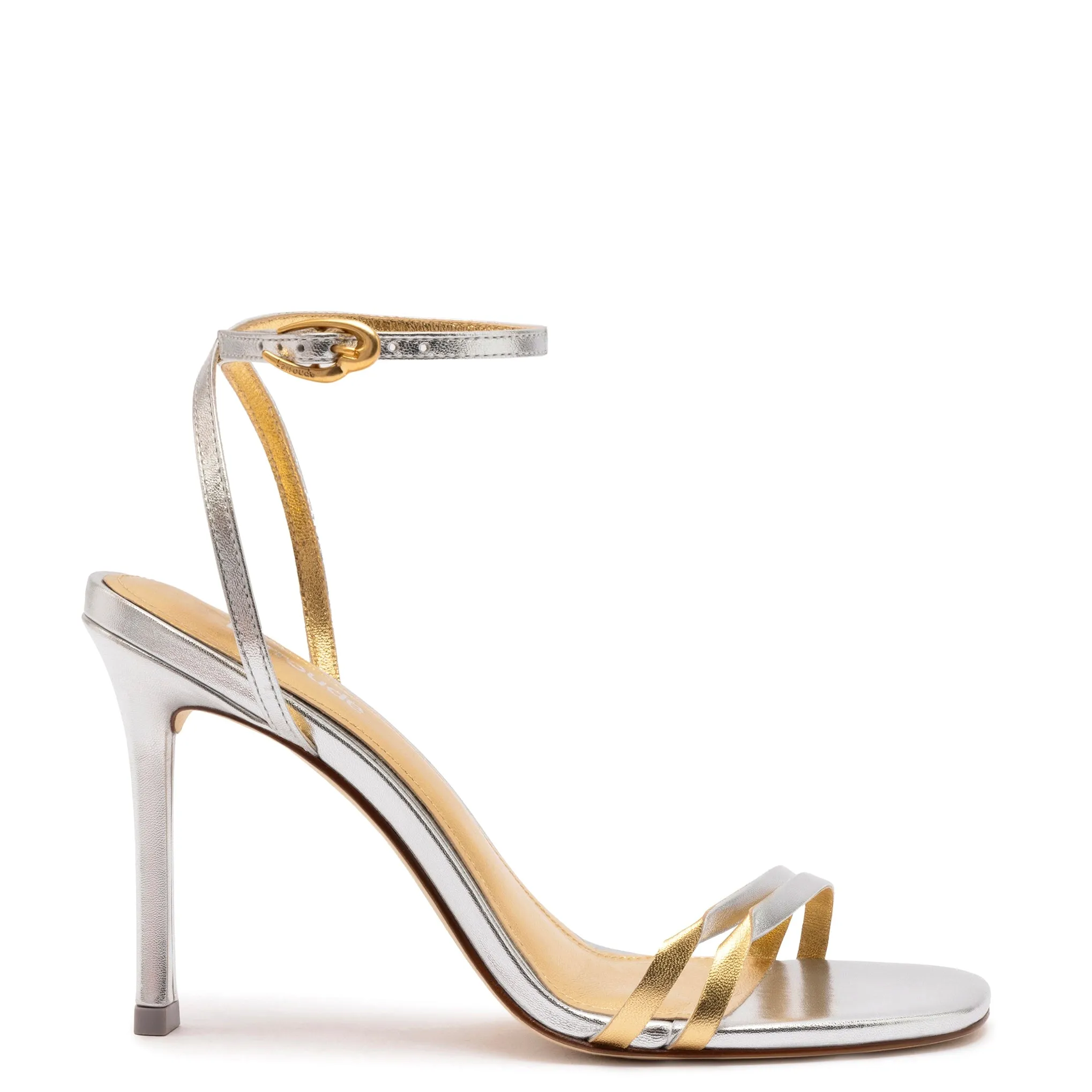 Vesper Sandal In Silver Metallic Leather sold by Larroude