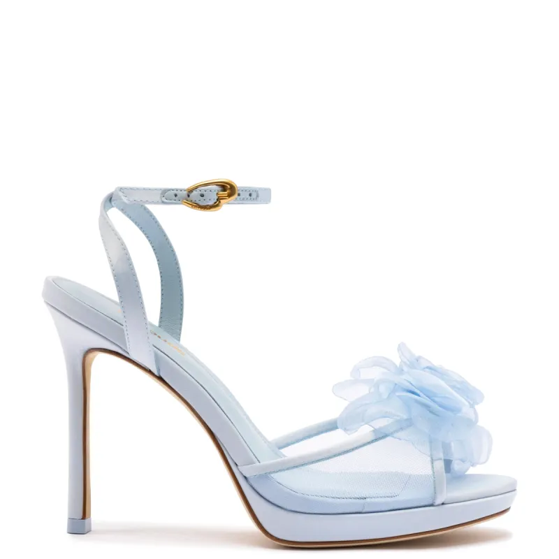 Salma Platform Sandal In Cerulean Blue Satin sold by Larroude