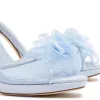 Salma Platform Sandal In Cerulean Blue Satin sold by Larroude