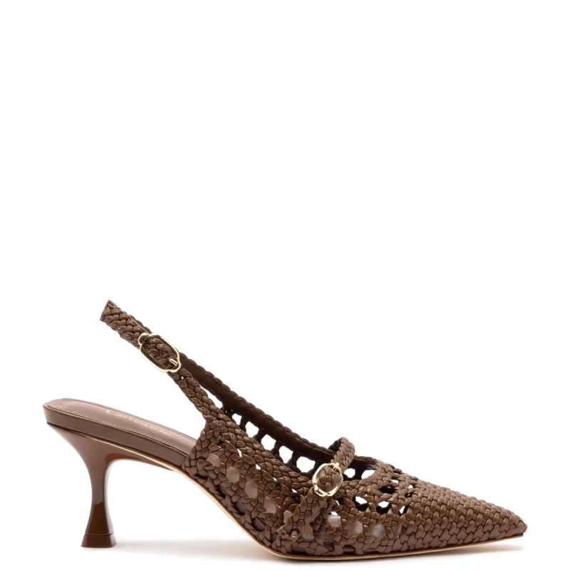 Ines Macrame Pump In Burnt Umber Leather sold by Larroude