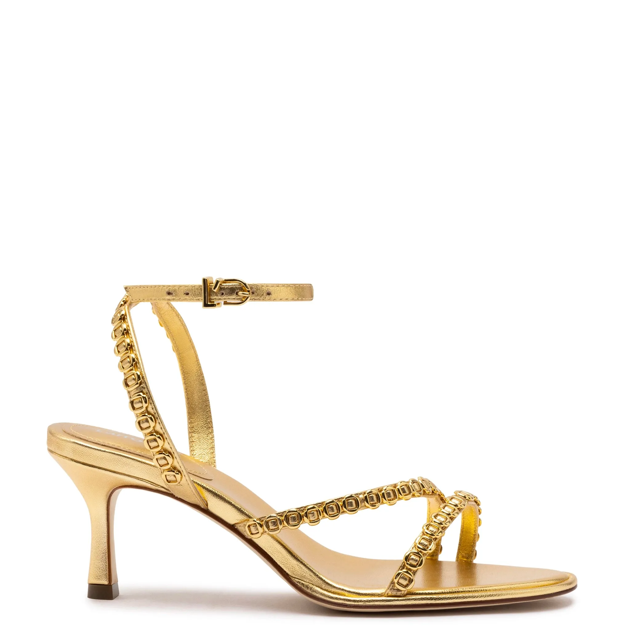 Milanina Mini Sandal In Gold Metallic Leather sold by Larroude