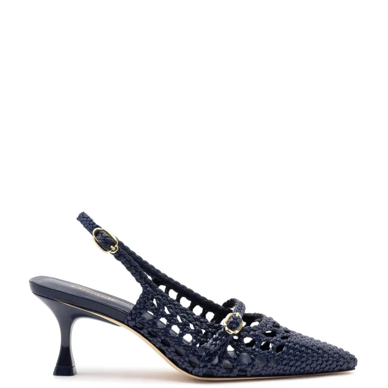 Ines Macrame Pump In Navy Leather sold by Larroude