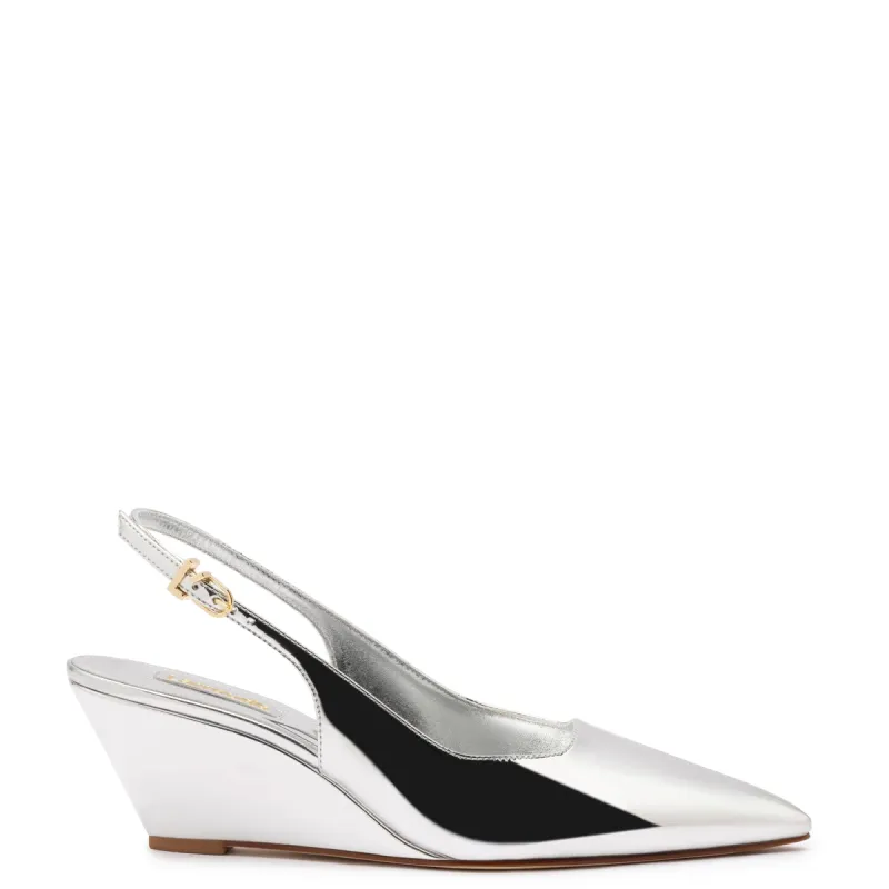 Loulou Pump In Silver Specchio sold by Larroude