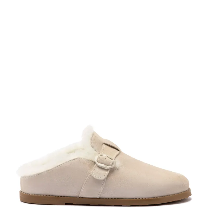 Milan Fur Clog In Mushroom Grey Suede sold by Larroude