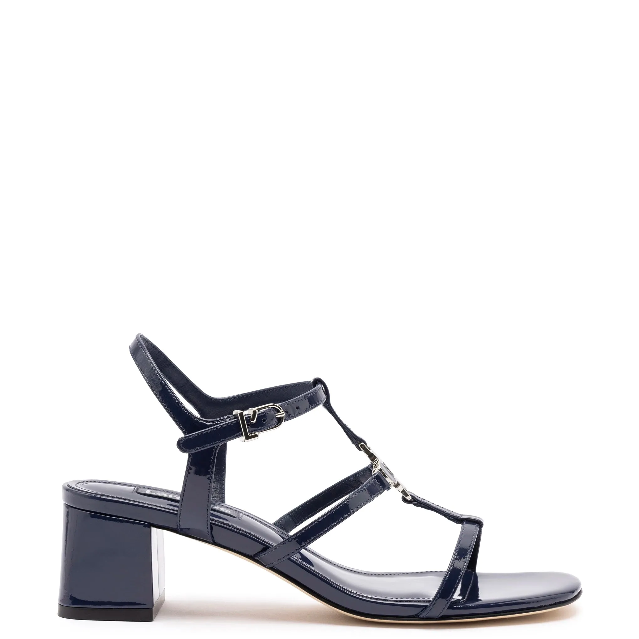 Hana Block In Navy Patent Leather sold by Larroude