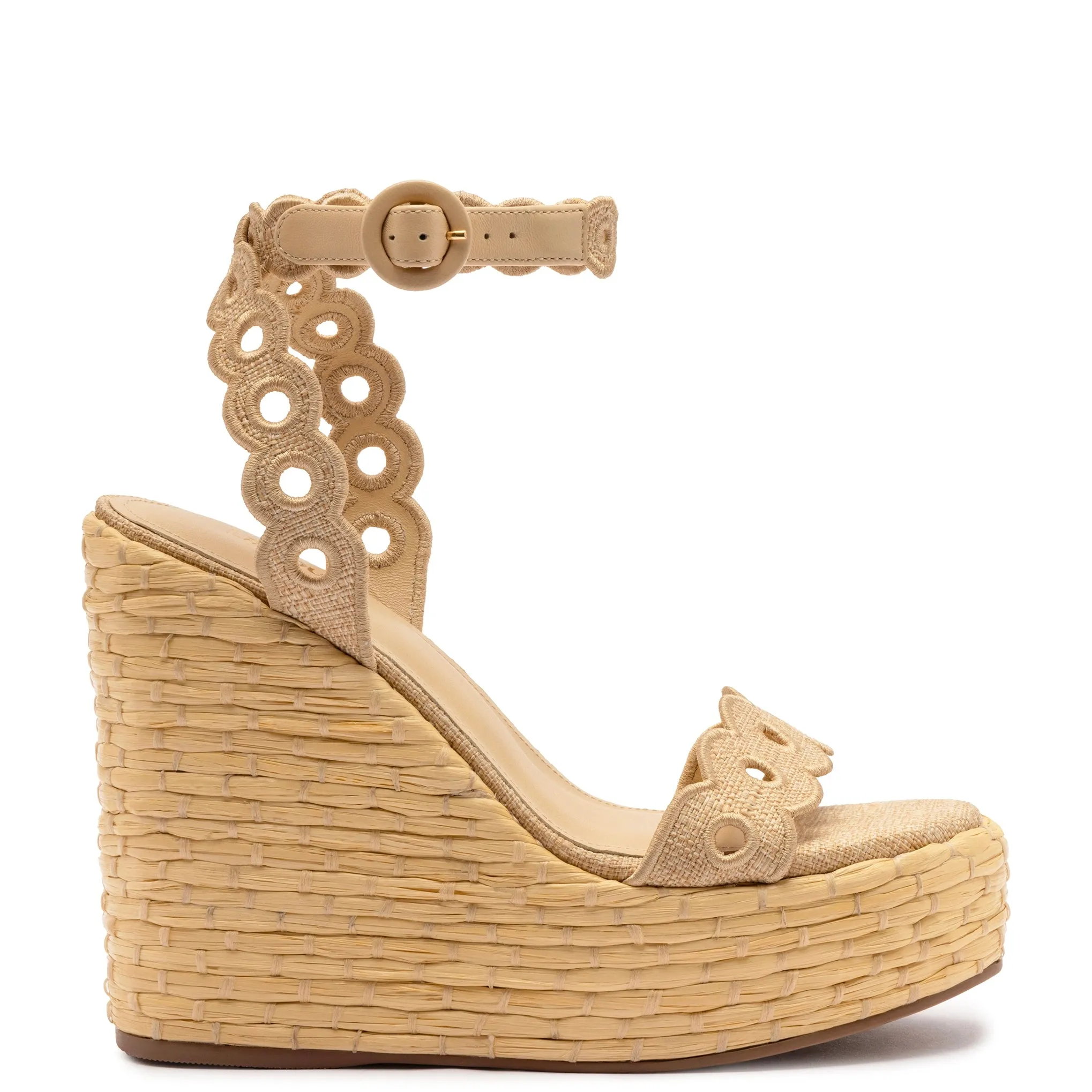 Florence Broderie Wedge In Beige Raffia sold by Larroude