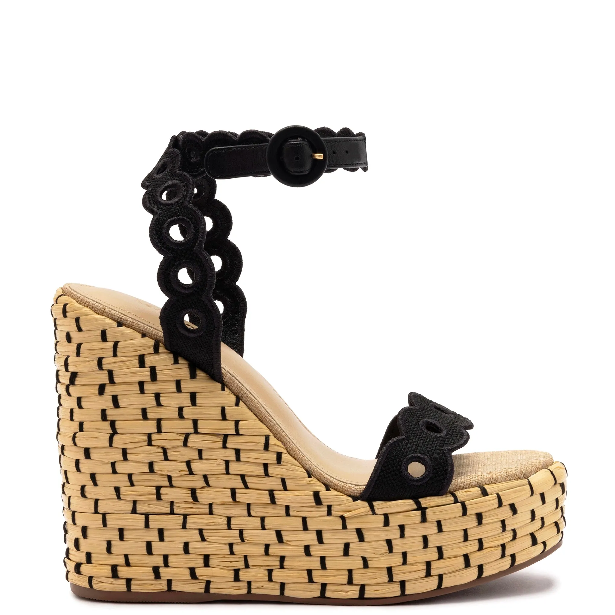 Florence Broderie Wedge In Beige and Black Raffia sold by Larroude