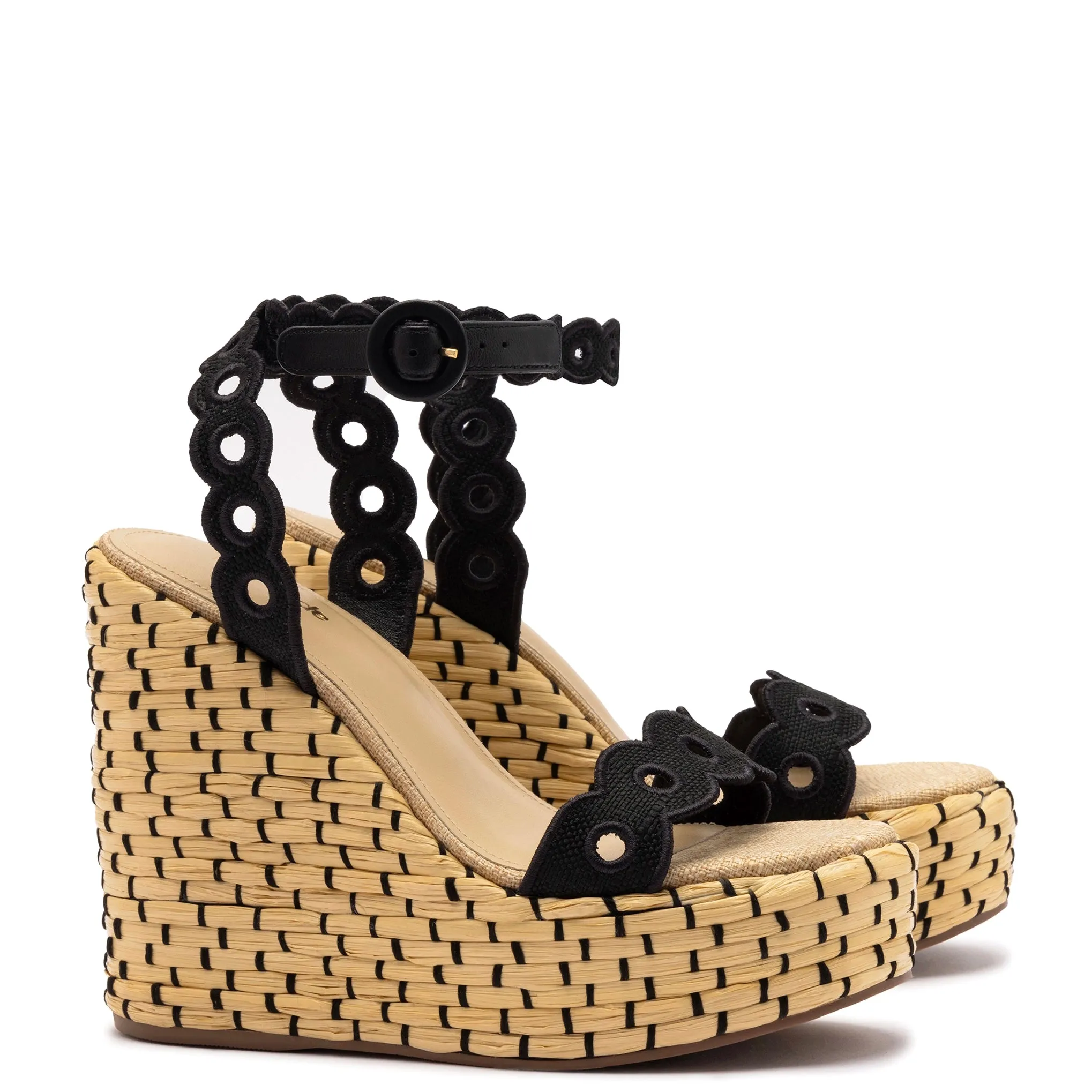 Florence Broderie Wedge In Beige and Black Raffia sold by Larroude product image thumbnail 2