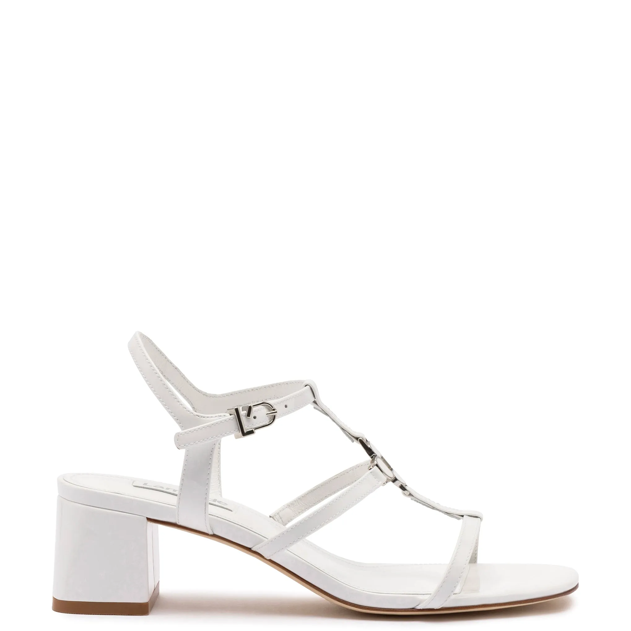 Hana Block In White Patent Leather sold by Larroude