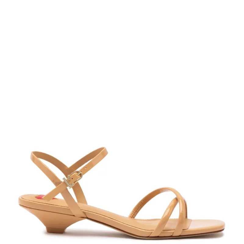 Charlotte Sandal In Tan Patent Leather sold by Larroude