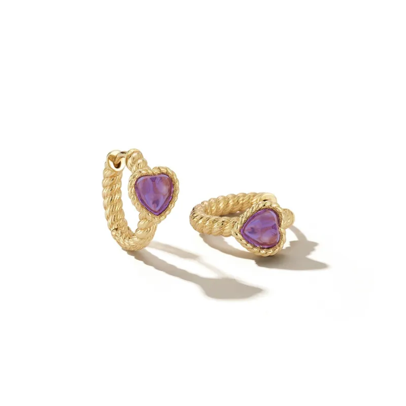 Leona Amethyst Heart Huggies sold by Larroude