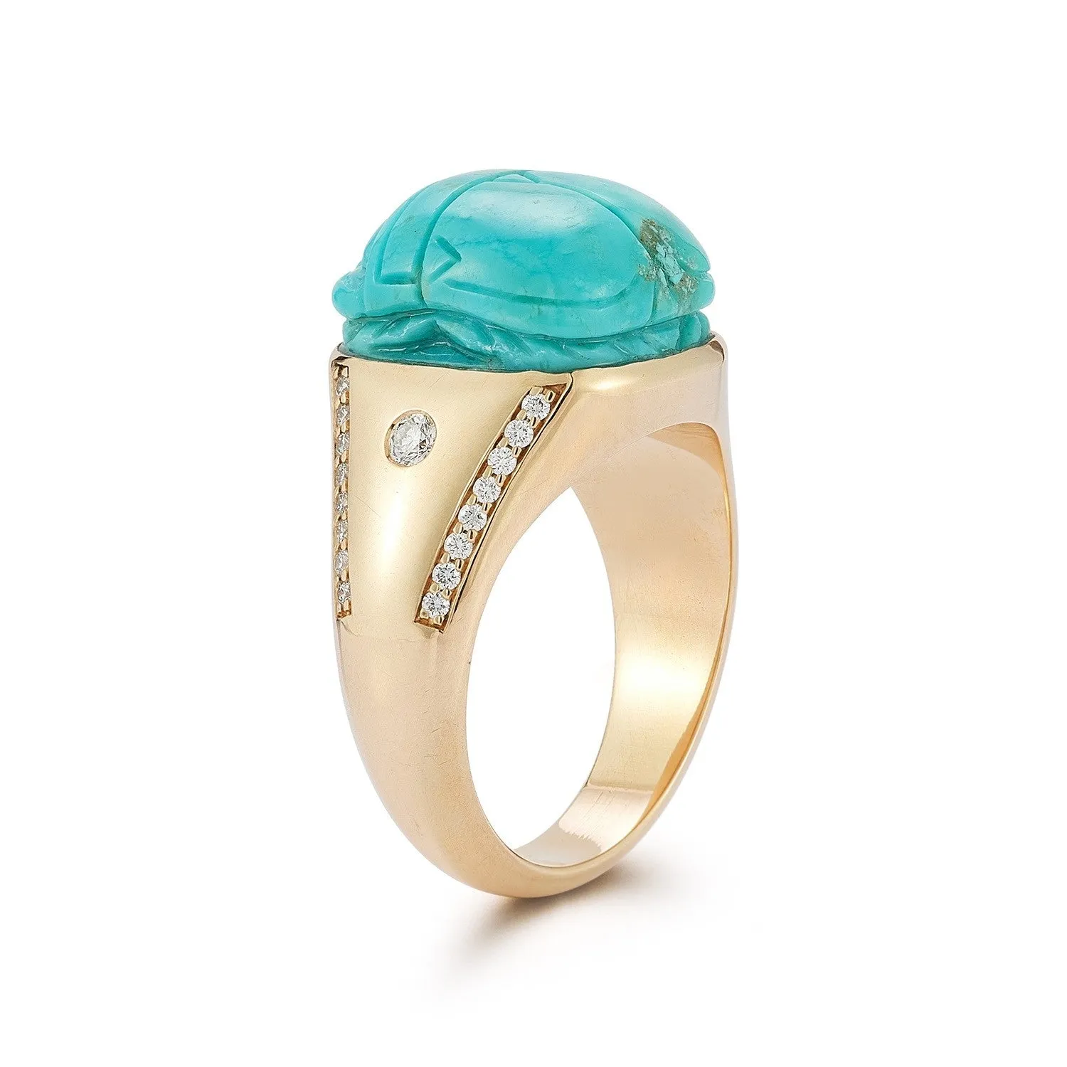 Hand Carved Turquoise Scarab and Diamond Signet Ring sold by Larroude