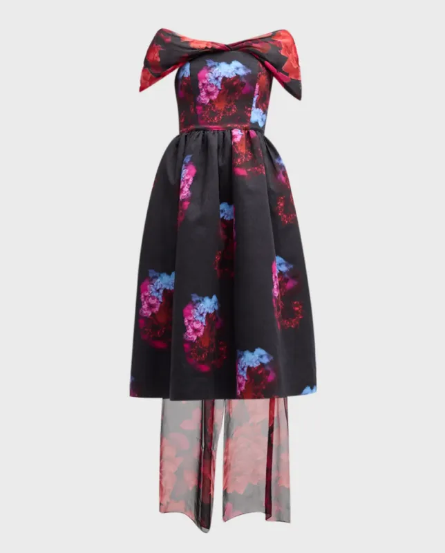 Floral Print Off-Shoulder Midi Dress with Cape Details sold by Larroude