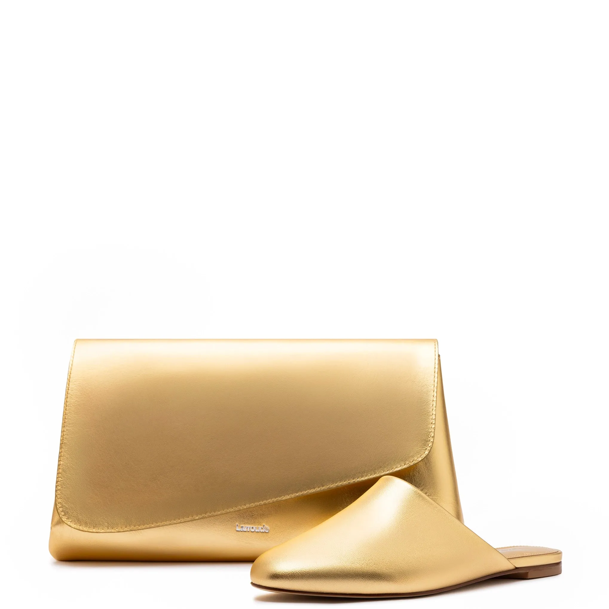 Venice Flat Mule and Pouch Kit In Gold Metallic Leather sold by Larroude product image thumbnail 4