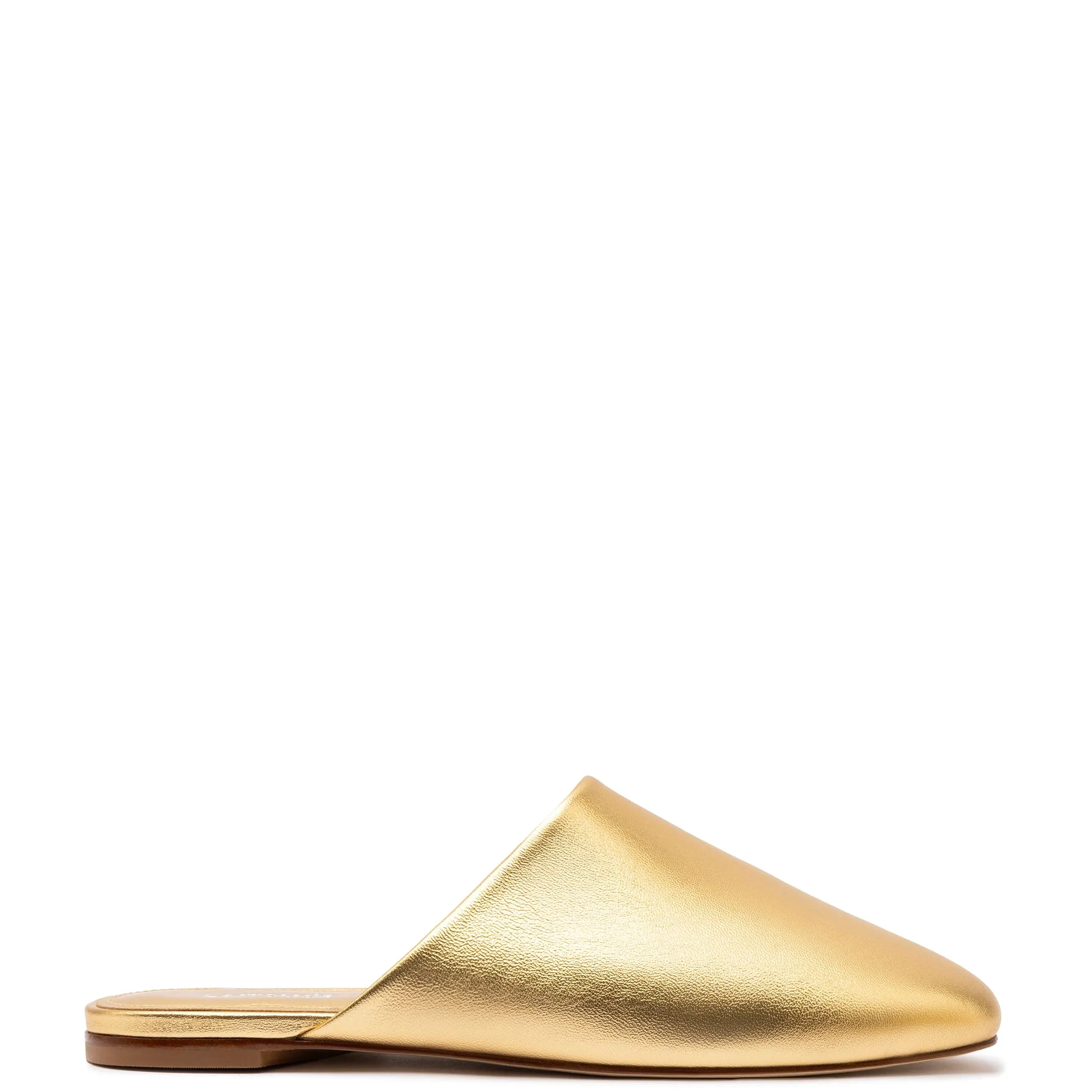 Venice Flat Mule and Pouch Kit In Gold Metallic Leather sold by Larroude