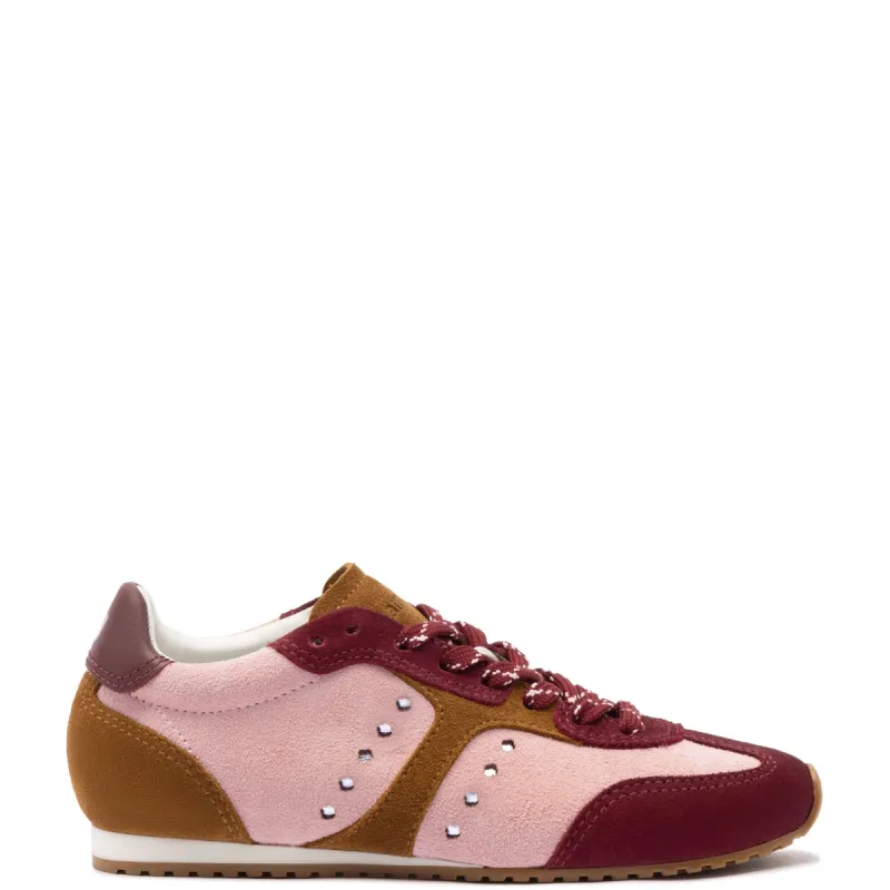 Stella Sneaker In Tulip, Russet and Wine Suede and Silver Metallic Leather sold by Larroude