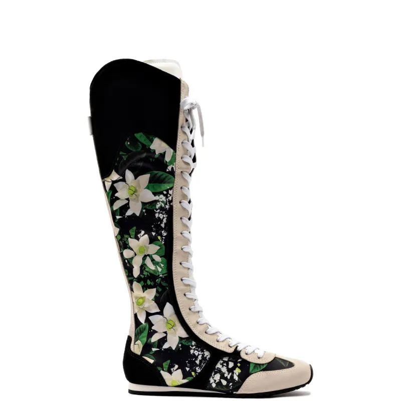 Larroudé x Jonathan Cohen Flat Hi Sneaker Boot In Black Gardenias Satin And Black Suede sold by Larroude