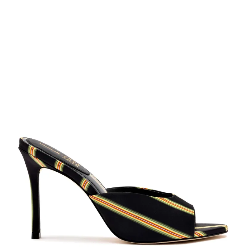 Larroudé x Jonathan Cohen Mule In Black Striped Satin sold by Larroude