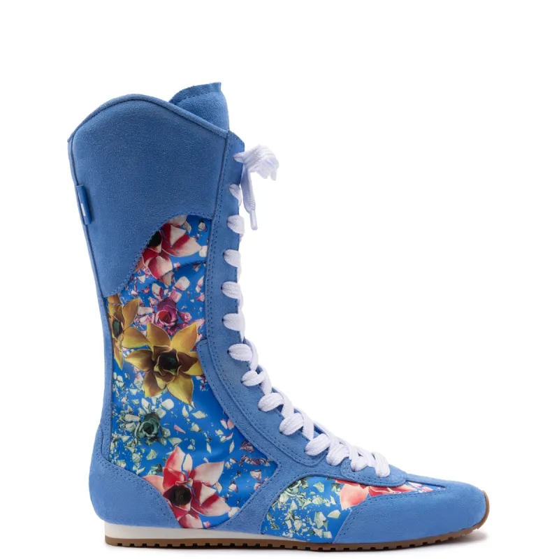 Larroudé x Jonathan Cohen Flat Lo Sneaker Boot In Dodger Blue and Gardenias Colored Satin sold by Larroude
