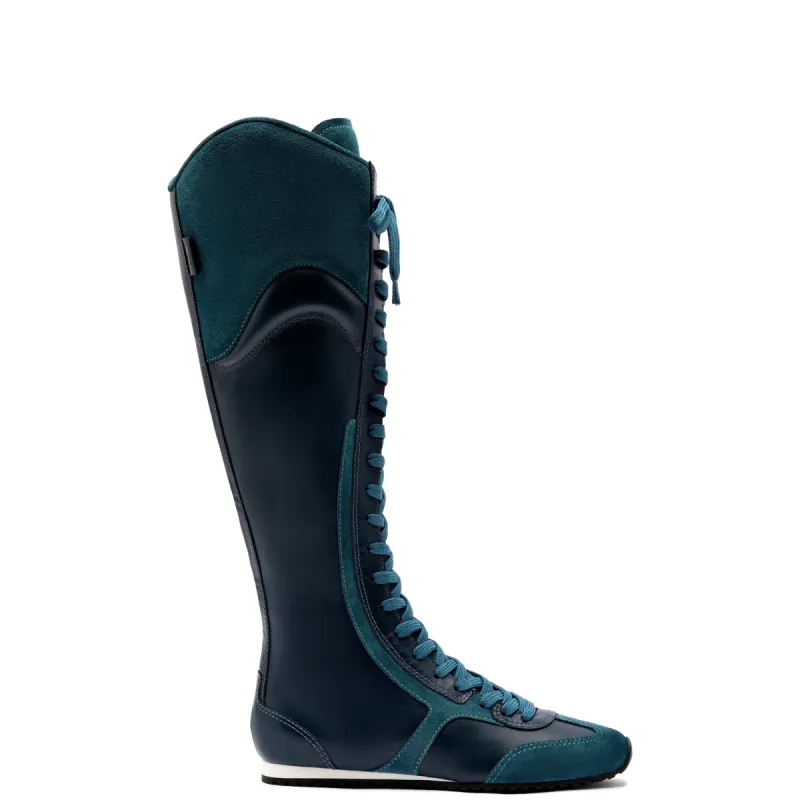Larroudé x Jonathan Cohen Flat Hi Sneaker Boot In Teal Suede sold by Larroude