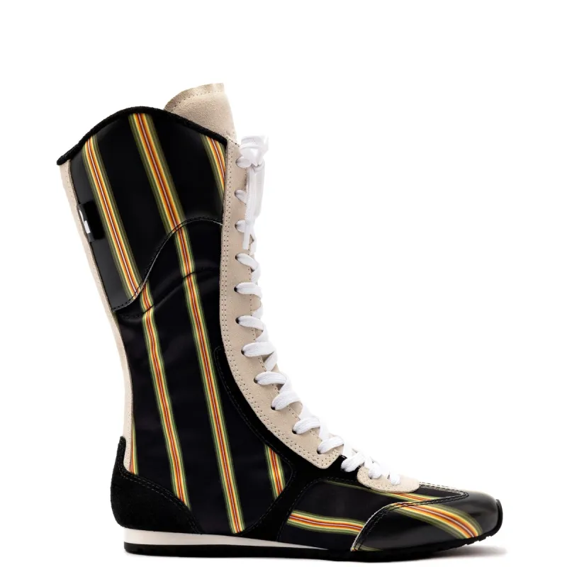 Larroudé x Jonathan Cohen Flat Lo Sneaker Boot In Black Striped Suede sold by Larroude