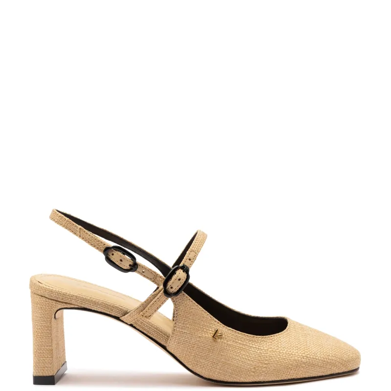 Georgina Pump In Beige Raffia and Black Trimming sold by Larroude