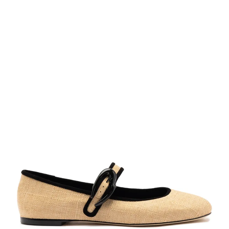 Verona Ballet Flat In Beige Raffia and Black Trimming sold by Larroude
