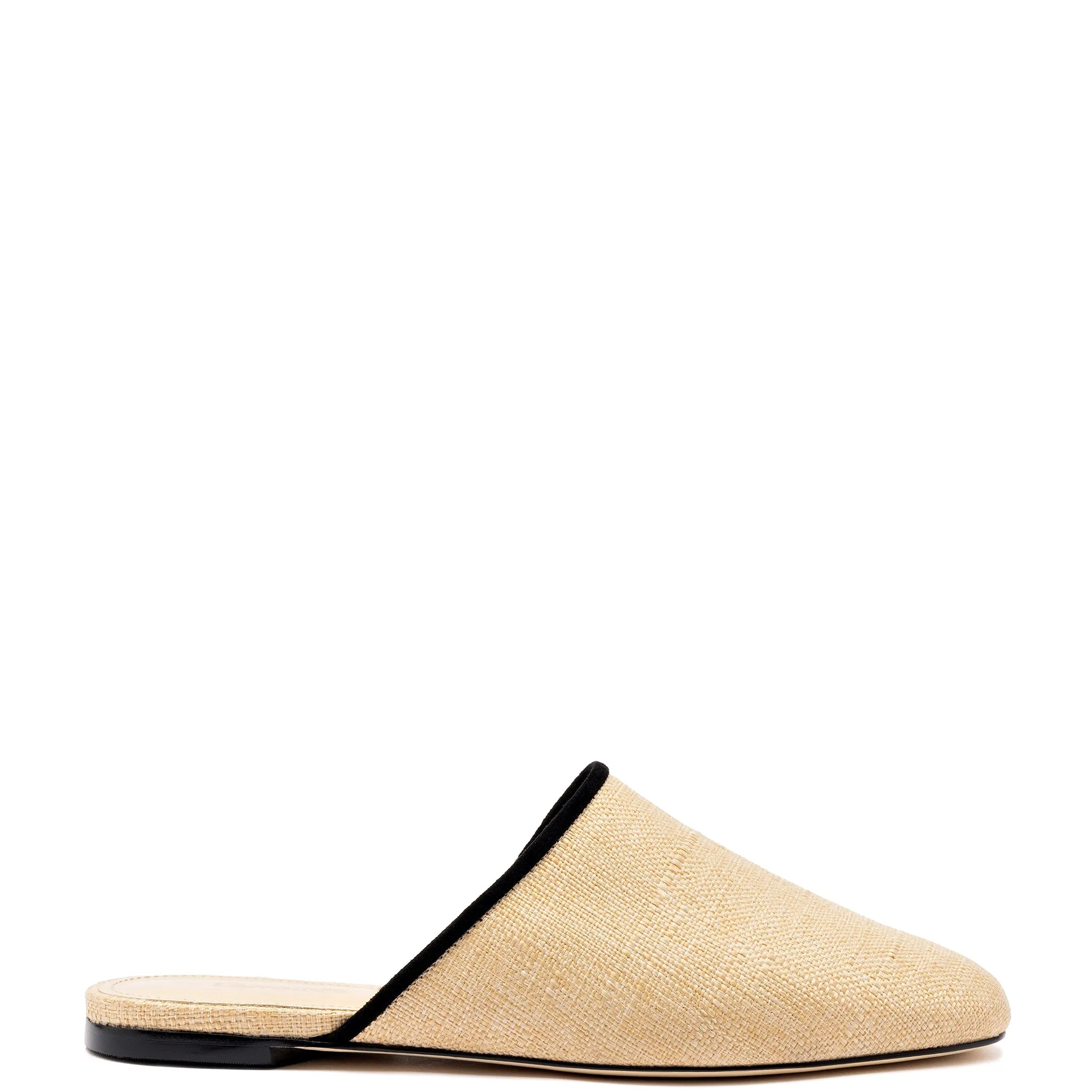 Venice Flat Mule In Beige Raffia and Black Trimming sold by Larroude