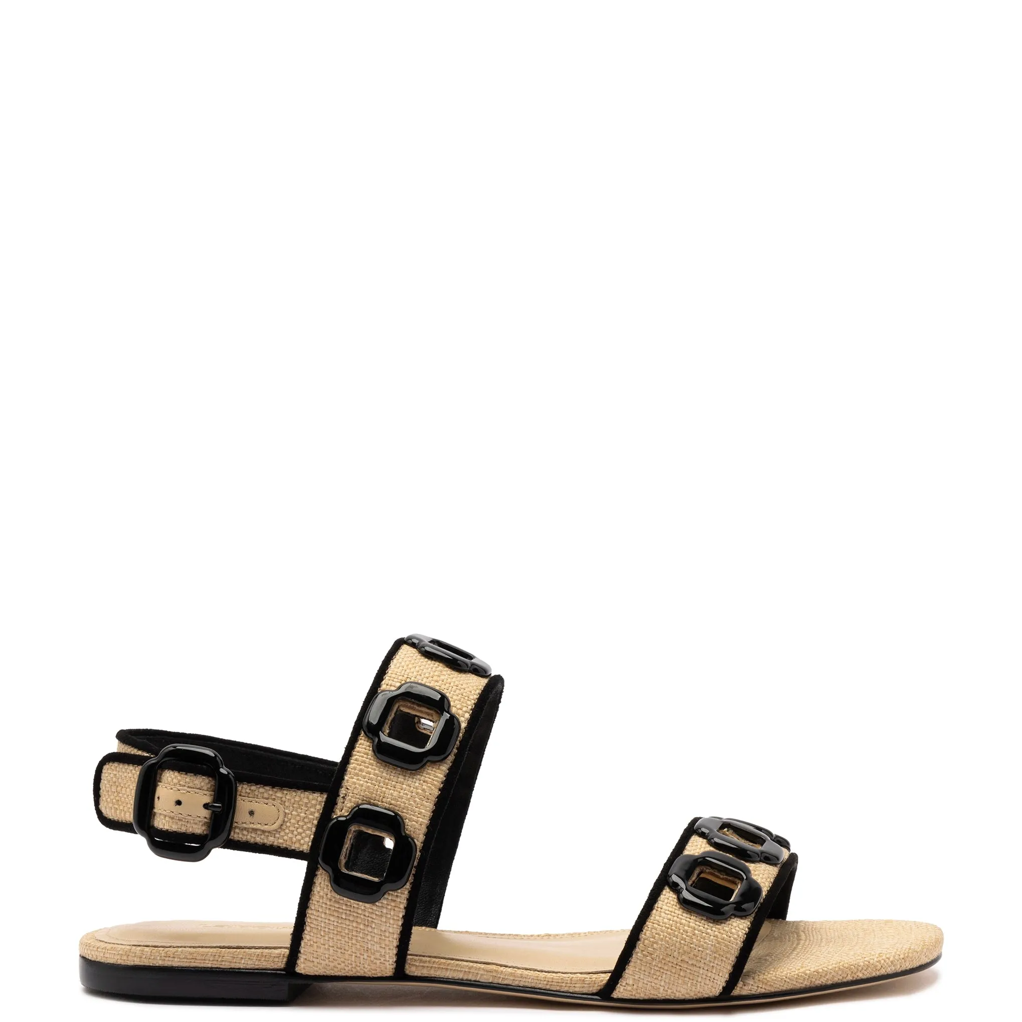 Milan Flat Sandal In Beige Raffia and Black Trimming sold by Larroude