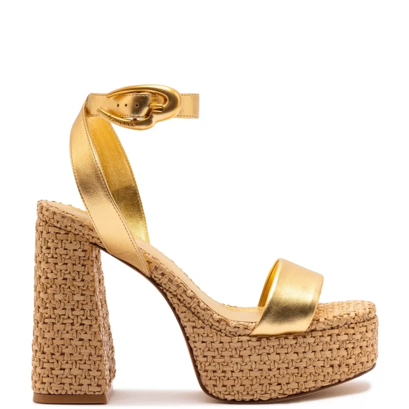 Dolly Verona Sandal In Gold Metallic Leather and Natural Raffia sold by Larroude