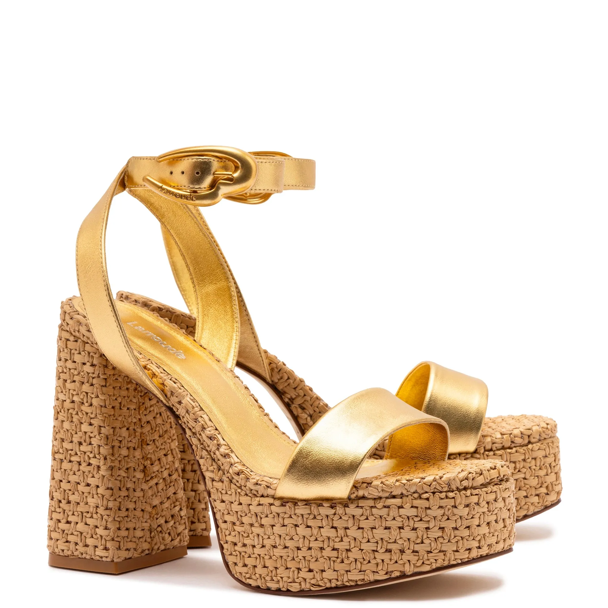 Dolly Verona Sandal In Gold Metallic Leather and Natural Raffia sold by Larroude product image thumbnail 2
