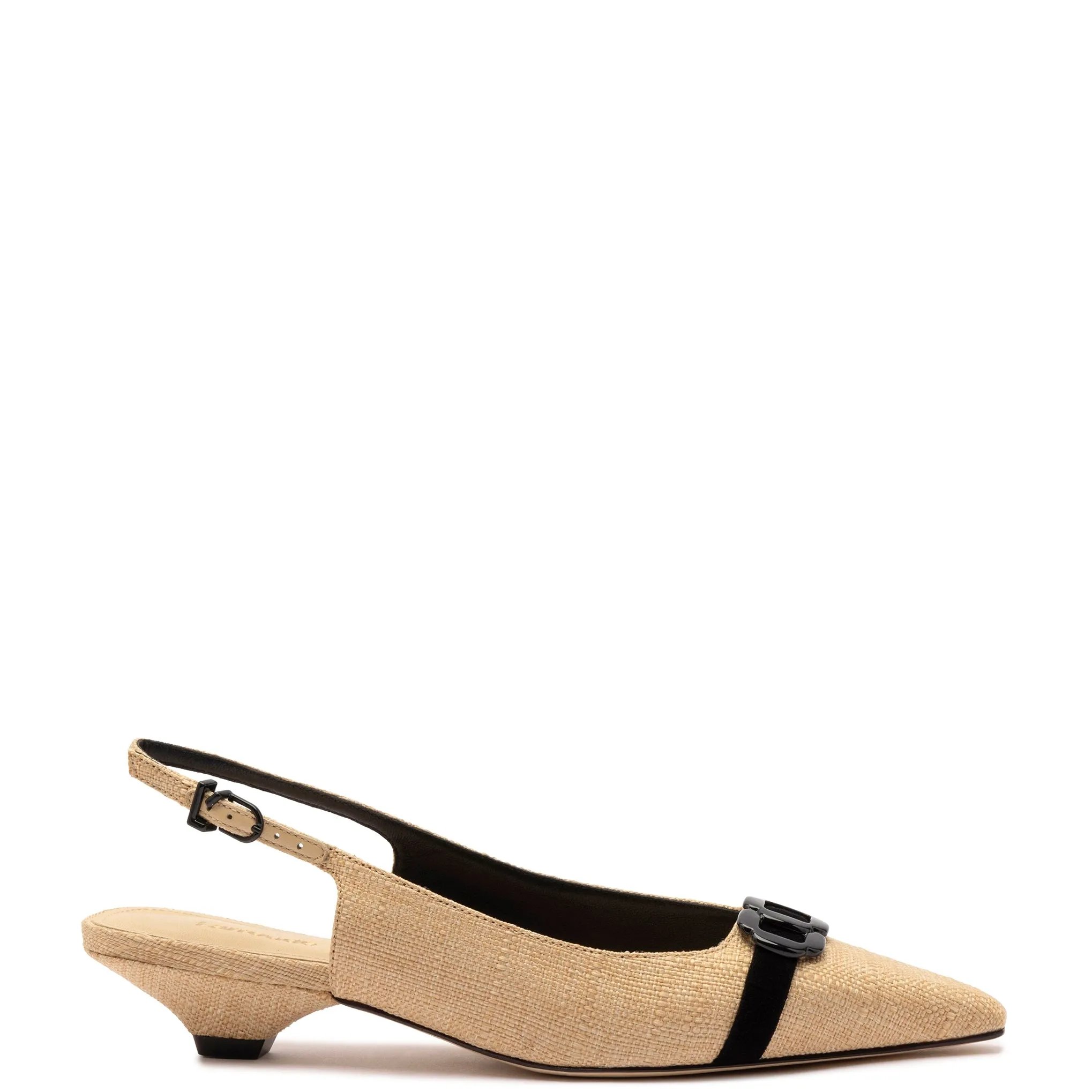 Franca Pump In Beige Raffia and Black Trimming sold by Larroude
