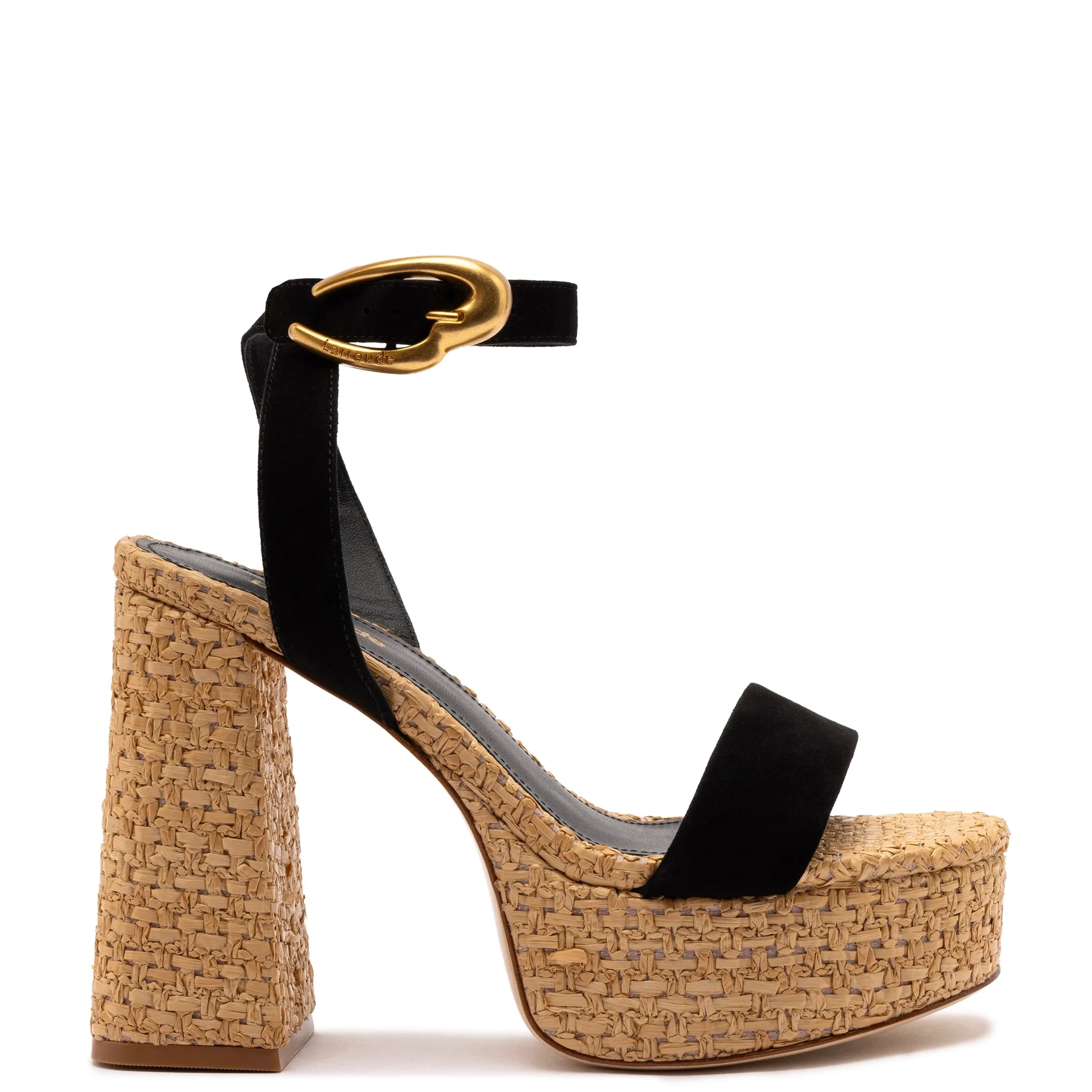 Dolly Verona Sandal In Black Suede and Natural Raffia sold by Larroude