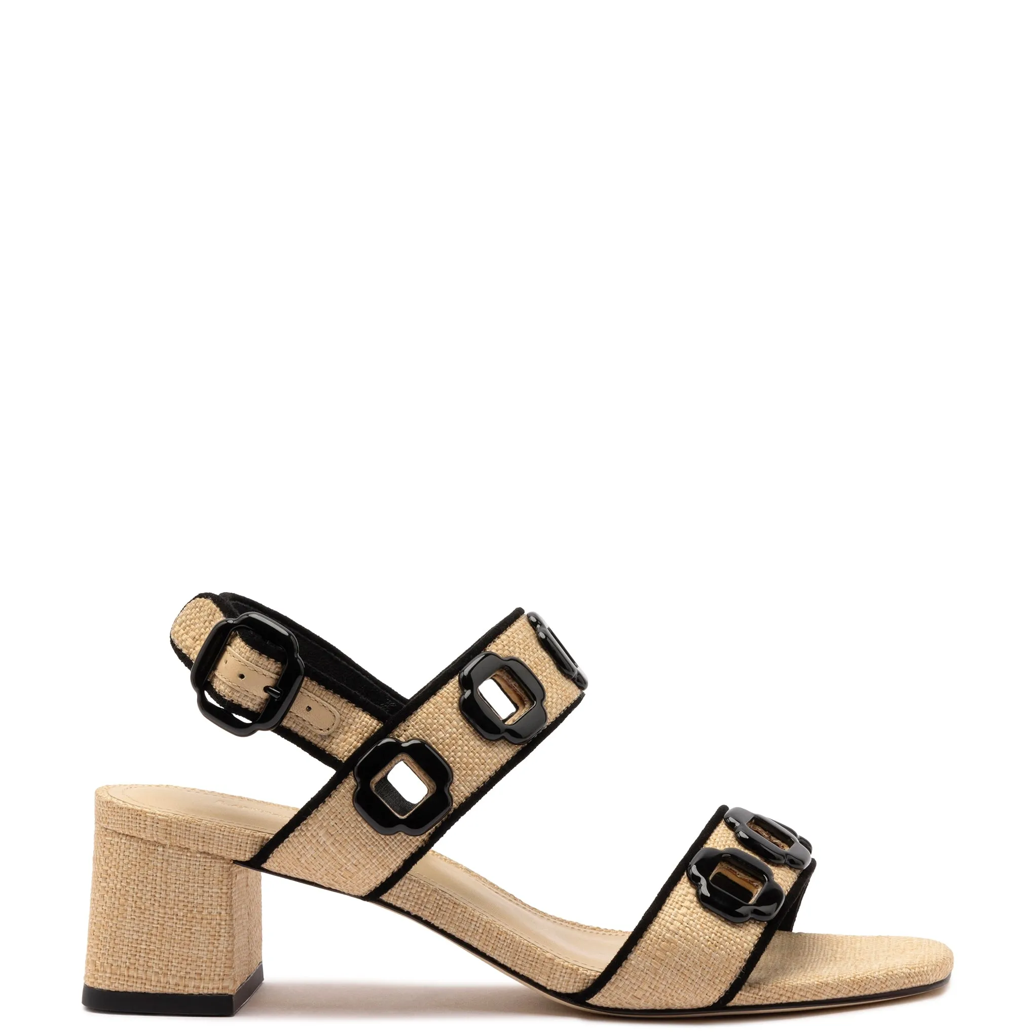 Milan Sandal In Beige Raffia and Black Trimming sold by Larroude