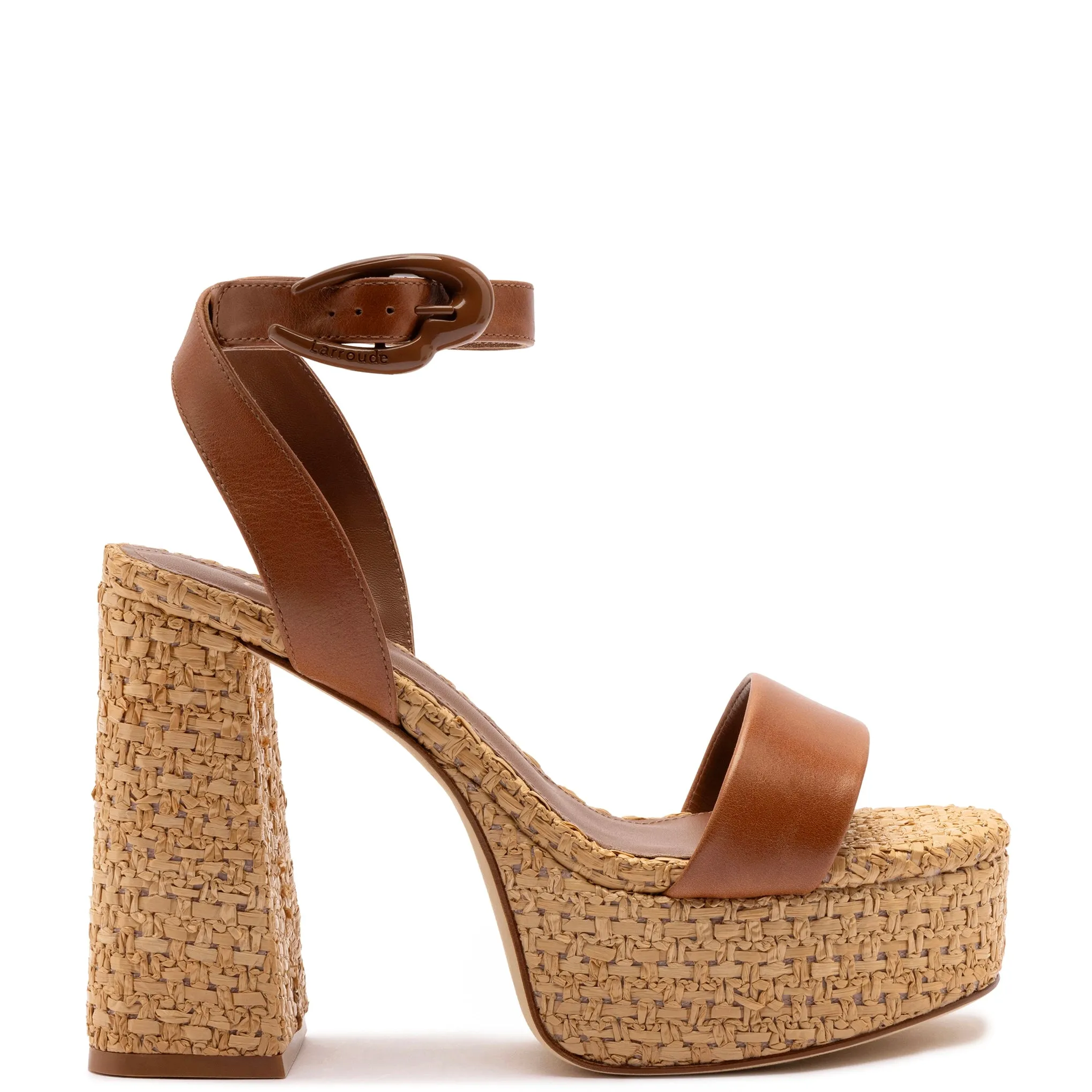 Dolly Verona Sandal In Caramel Leather and Natural Raffia sold by Larroude