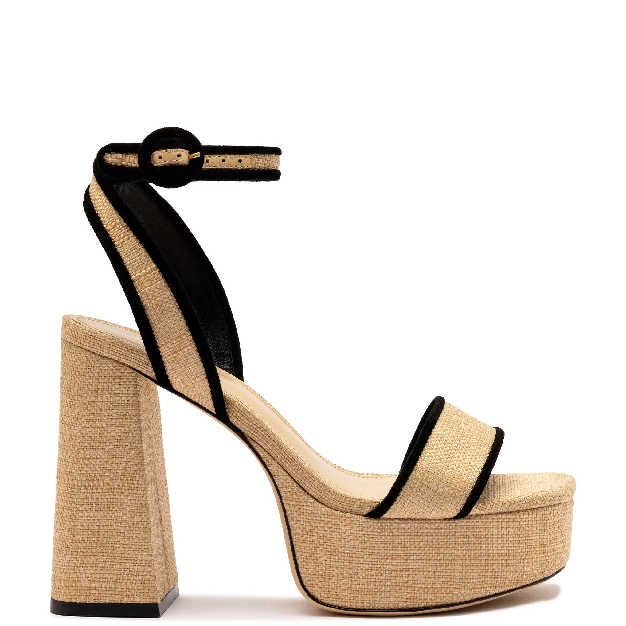 Dolly Sandal In Beige Raffia and Black Trimming sold by Larroude