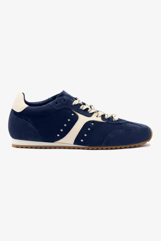 Stella Sneaker In Navy Suede and Ivory Leather sold by Larroude
