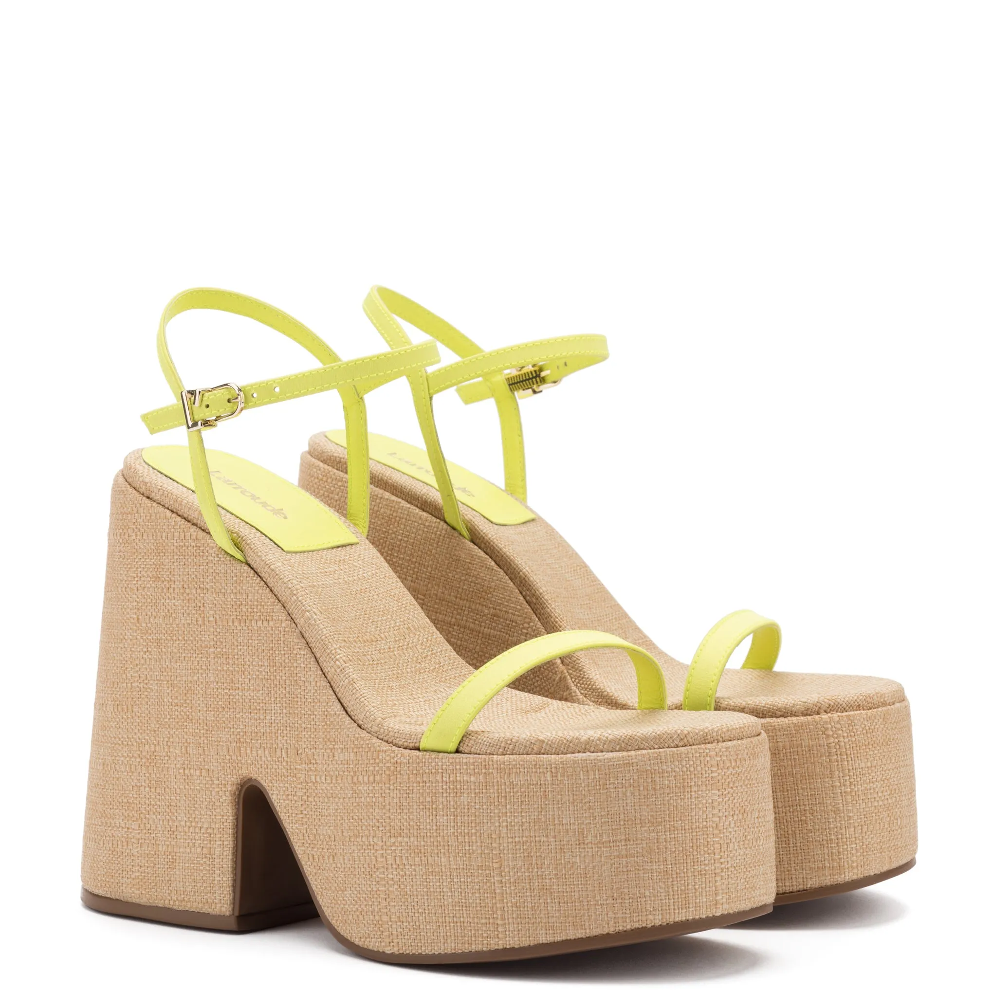 Wanda Platform Sandal In Lemon Satin and Raffia sold by Larroude product image thumbnail 2