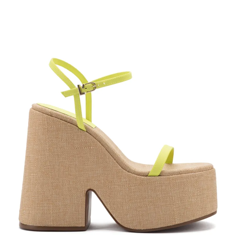 Wanda Platform Sandal In Lemon Satin and Raffia sold by Larroude