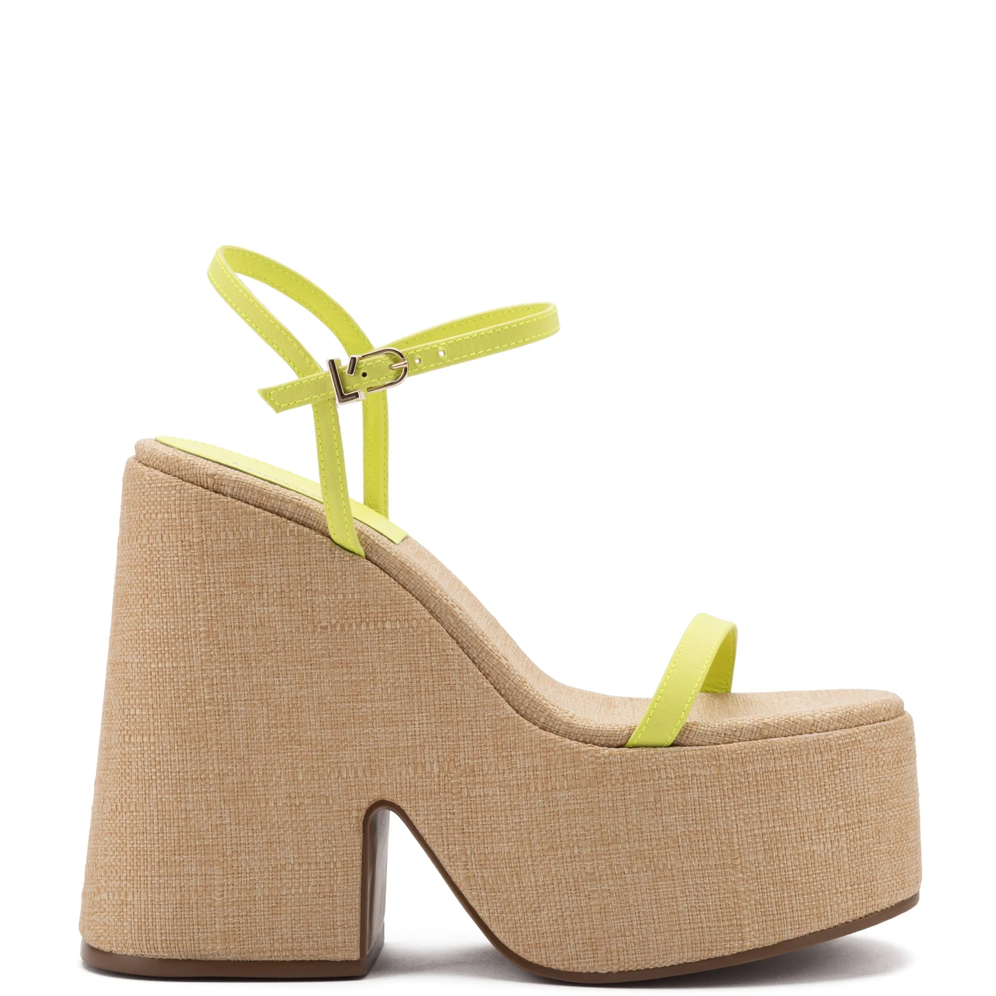 Wanda Platform Sandal In Lemon Satin and Raffia sold by Larroude
