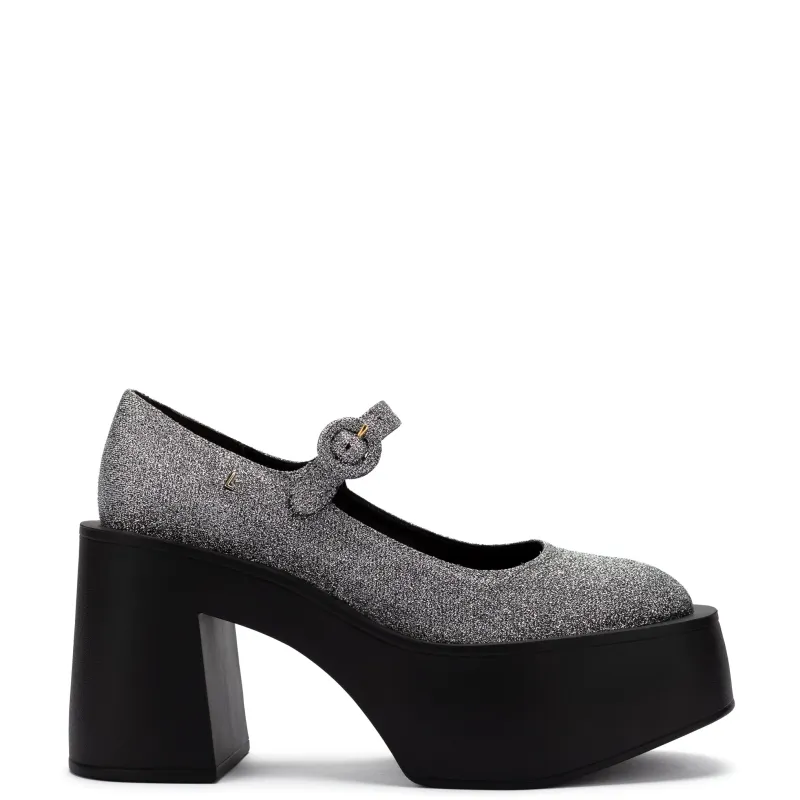 Olivia Platform Pump In Silver Lurex sold by Larroude