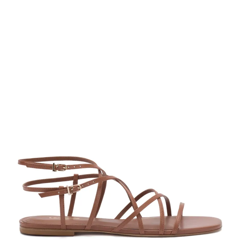 Naomi Flat Sandal In Caramel Leather sold by Larroude