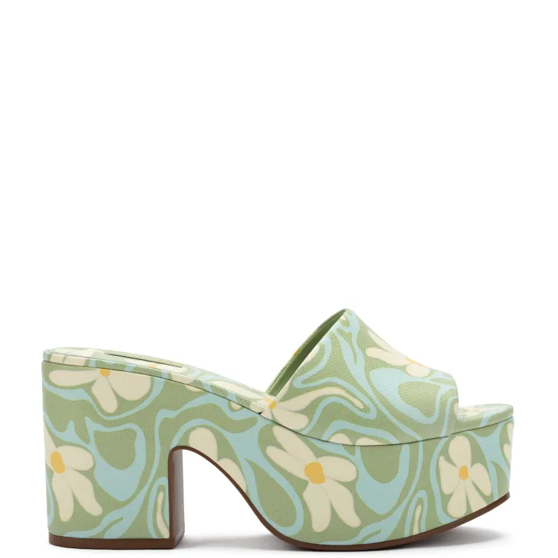 Miso Platform Sandal In Tea Flower Power Print Leather sold by Larroude
